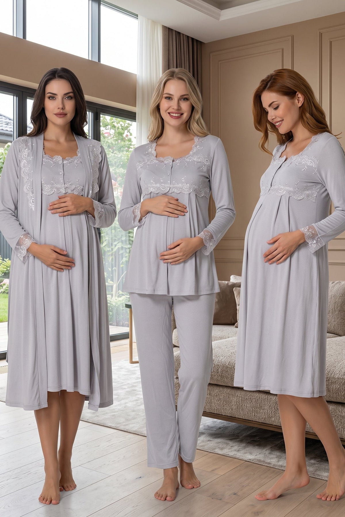 Lace Detailed 4-Piece Maternity Feeding-Friendly Set Grey - T2405