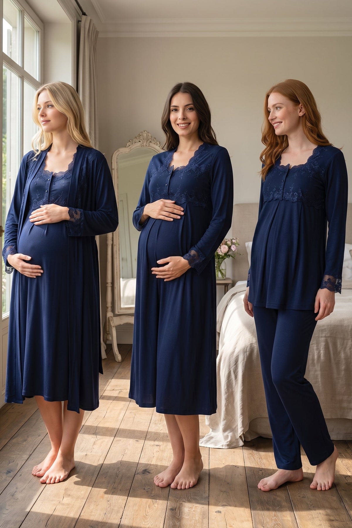 Lace Detailed 4-Piece Maternity Feeding-Friendly Set Navy Blue - T2405