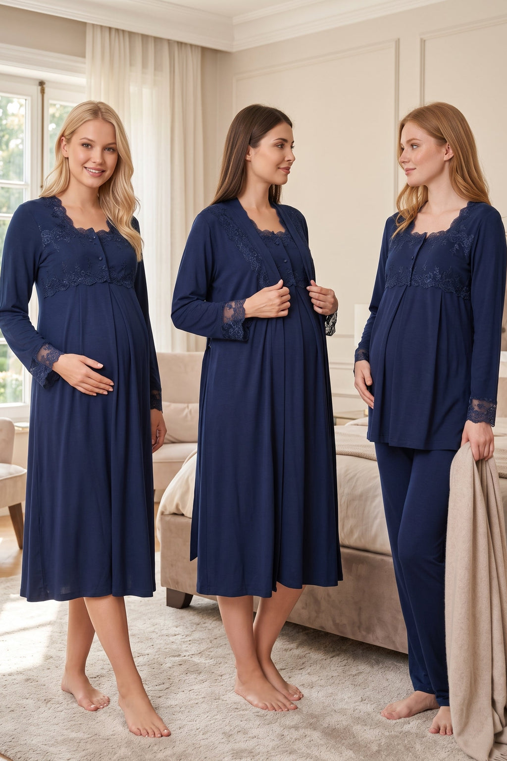 Lace Detailed 4-Piece Maternity Feeding-Friendly Set Navy Blue - T2405