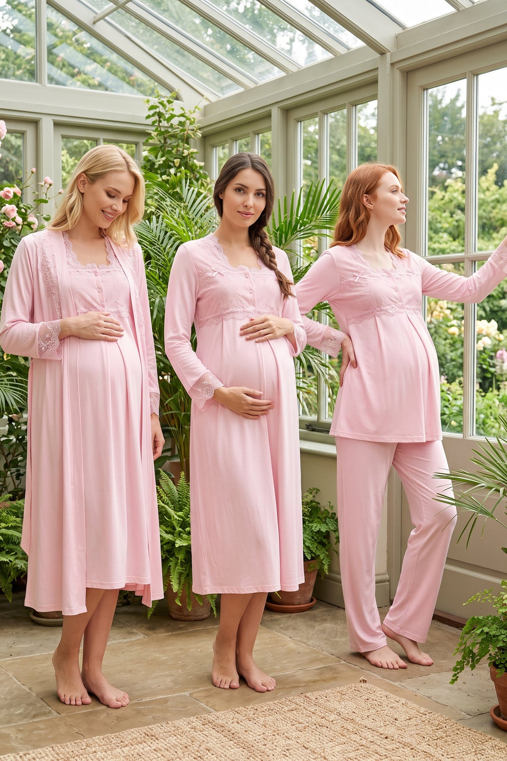 Lace Detailed 4-Piece Maternity Feeding-Friendly Set Pink - T2405