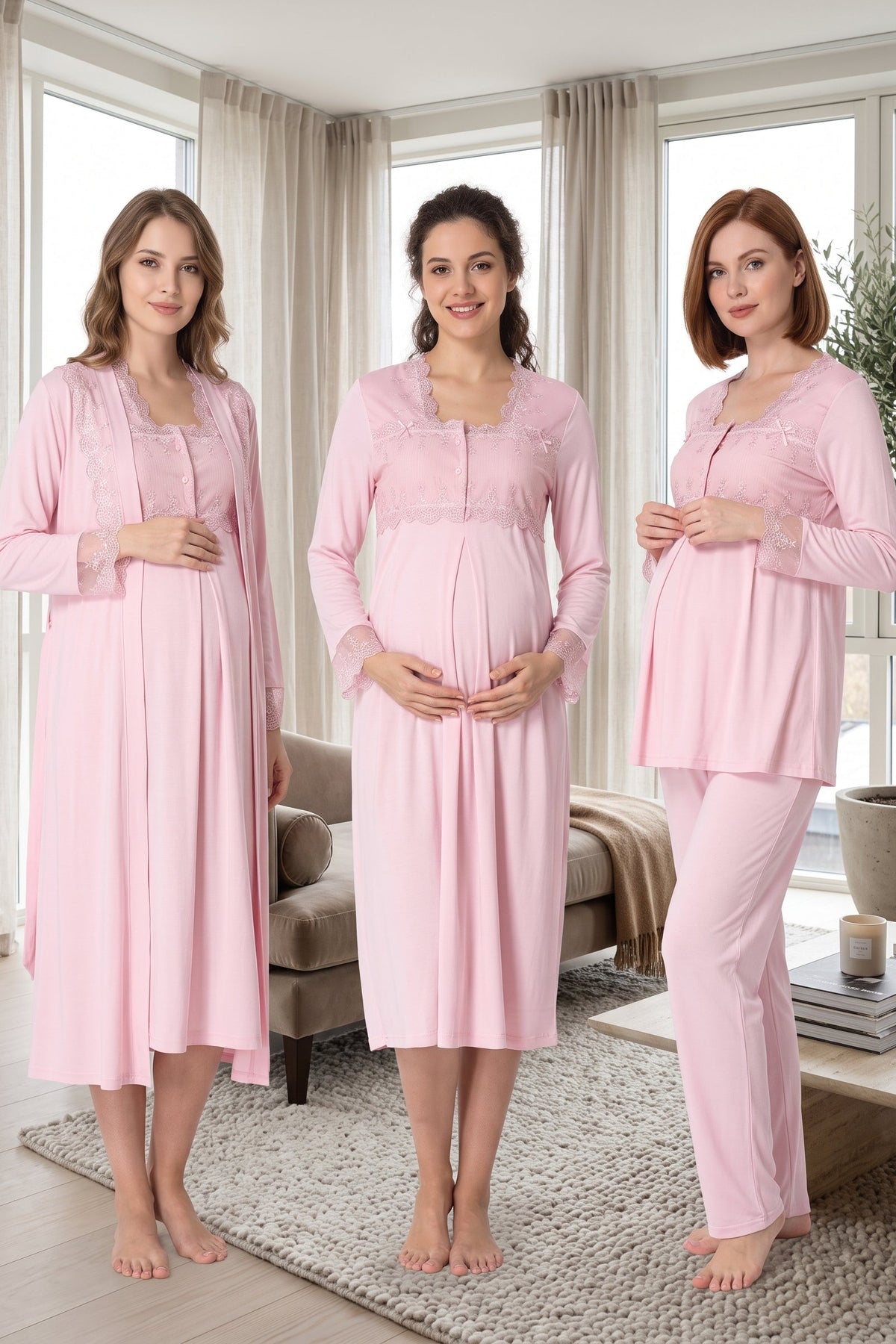 Lace Detailed 4-Piece Maternity Feeding-Friendly Set Pink - T2405