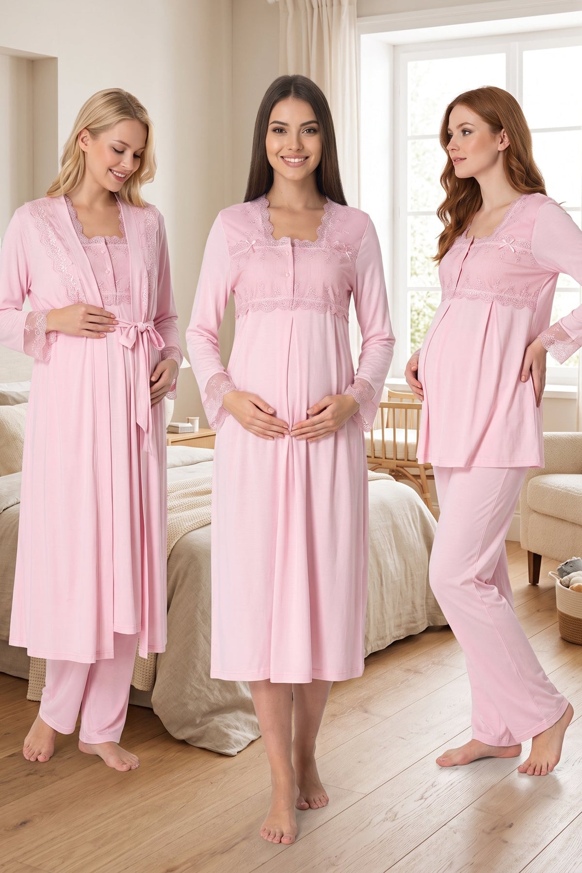 Lace Detailed 4-Piece Maternity Feeding-Friendly Set Pink - T2405
