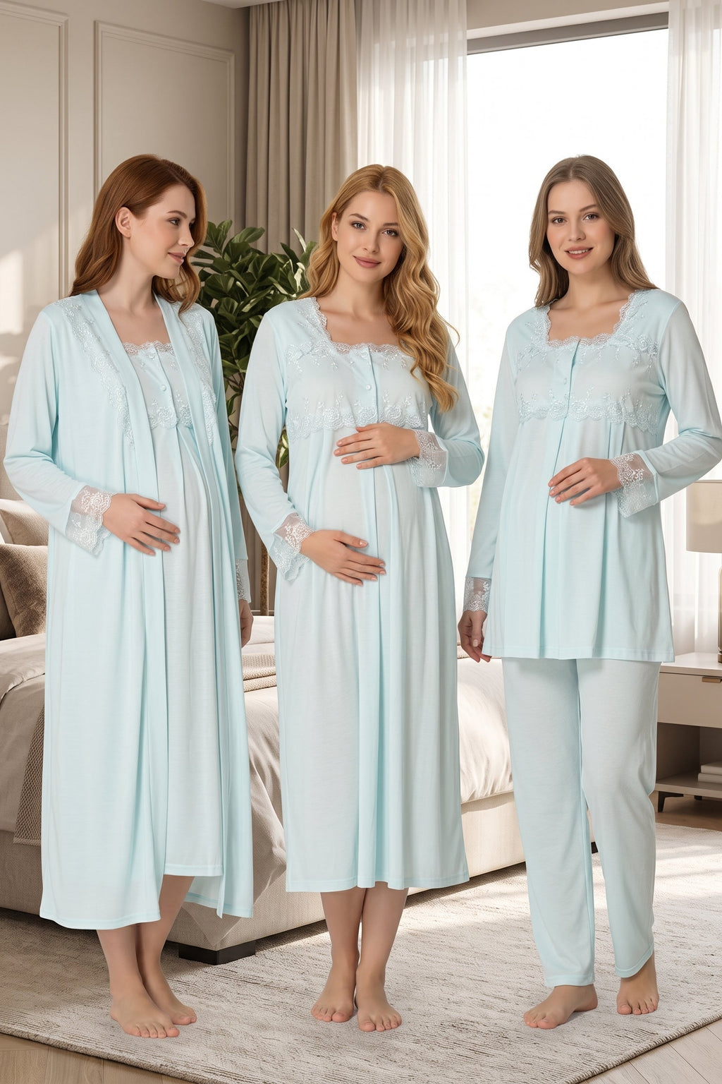 Lace Detailed 4-Piece Maternity Feeding-Friendly Set Turquoise - T2405