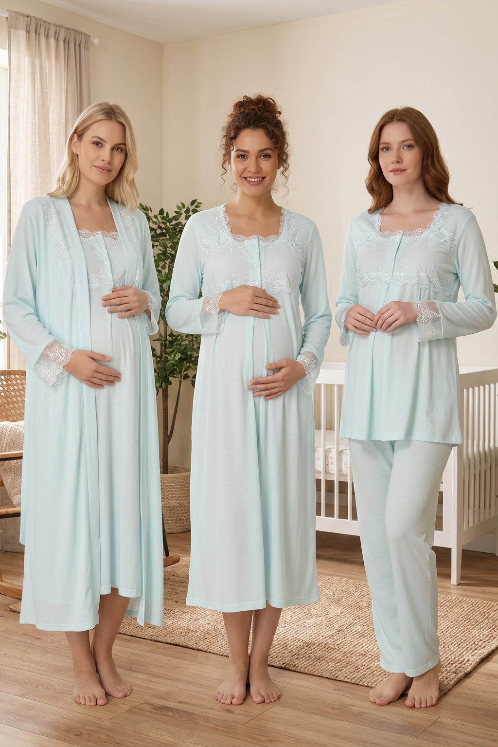 Lace Detailed 4-Piece Maternity Feeding-Friendly Set Turquoise - T2405