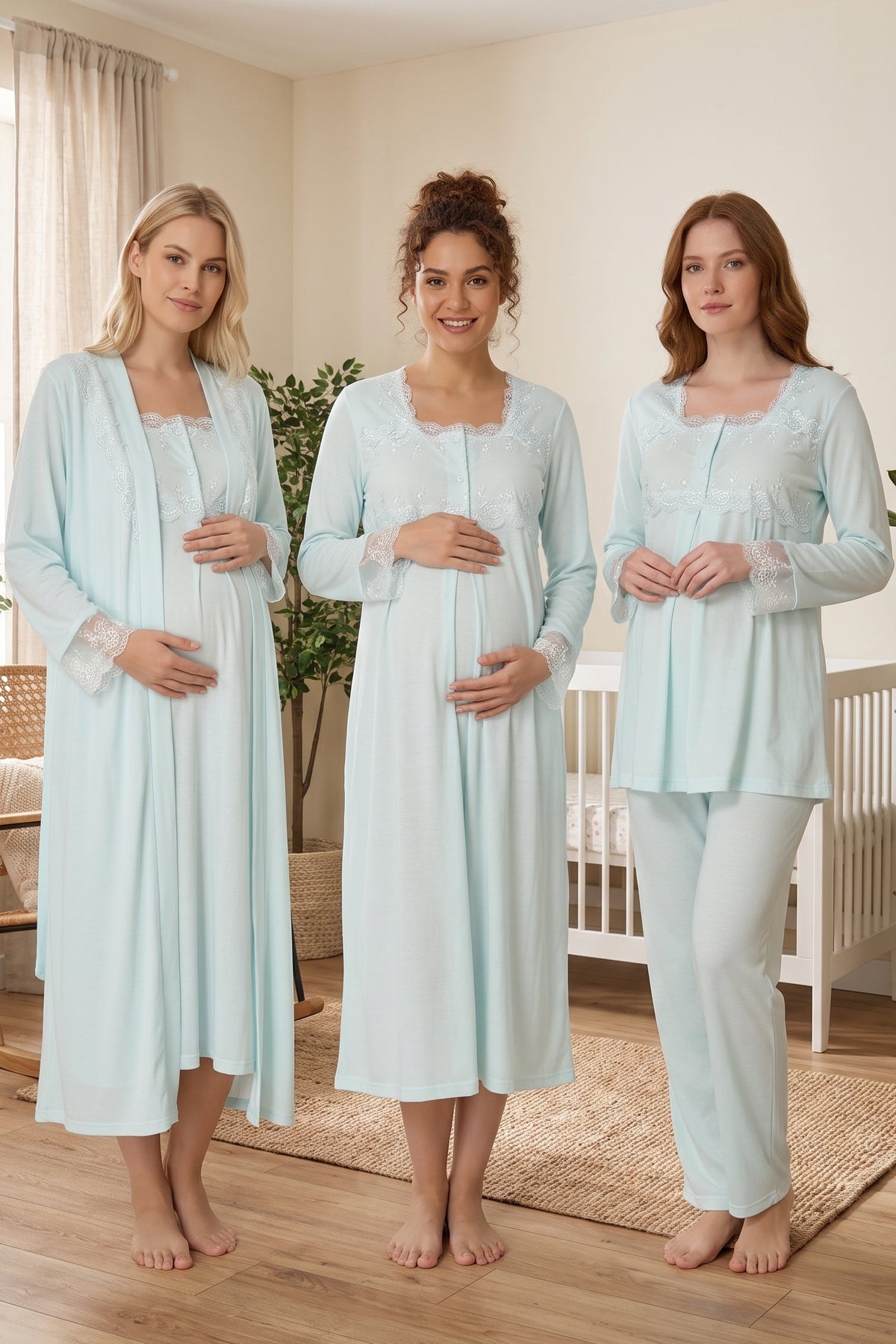 Lace Detailed 4-Piece Maternity Feeding-Friendly Set Turquoise - T2405