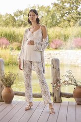 Lace Collar 3-Piece Maternity-Nursing Pajama & Flowered Robe Set Pink - 24076