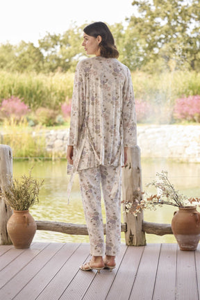 Lace Collar 3-Piece Maternity-Nursing Pajama & Flowered Robe Set Pink - 24076