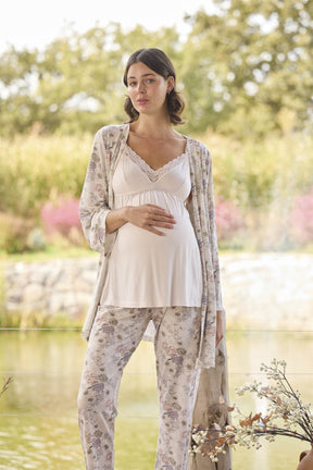 Lace Collar 3-Piece Maternity-Nursing Pajama & Flowered Robe Set Pink - 24076