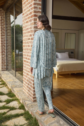 Lace Shoulder 3-Piece Maternity-Nursing Pajama & Patterned Robe Set Green - 24093
