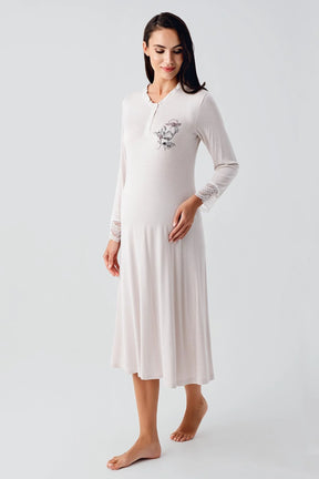 Lace Sleeve Maternity-Nursing Nightgown & Flowery Robe Set Powder - 24100
