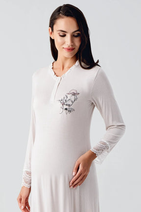 Lace Sleeve Maternity-Nursing Nightgown & Flowery Robe Set Powder - 24100