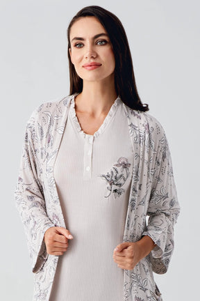 Lace Sleeve Maternity-Nursing Nightgown & Flowery Robe Set Powder - 24100