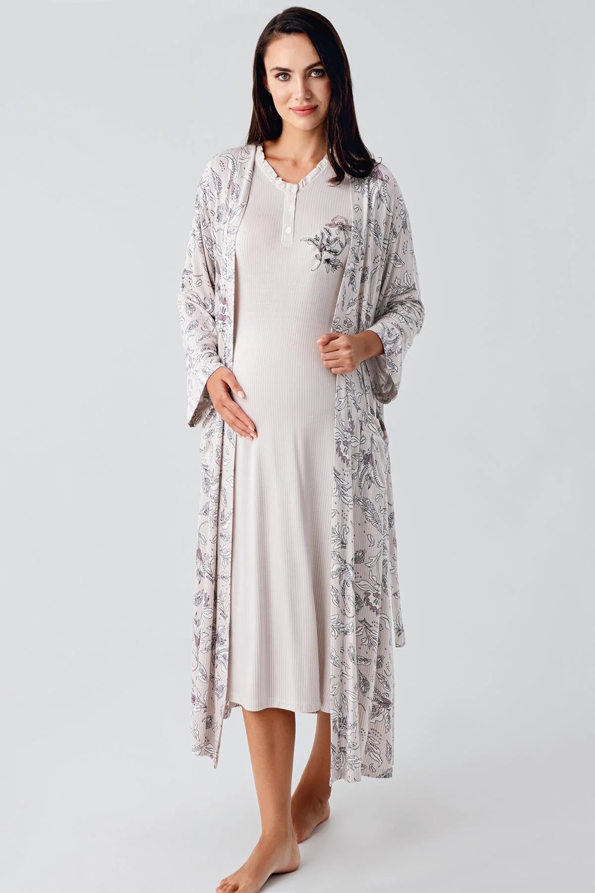 Lace Sleeve Maternity-Nursing Nightgown & Flowery Robe Set Powder - 24100