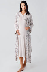 Lace Sleeve Maternity-Nursing Nightgown & Flowery Robe Set Powder - 24100