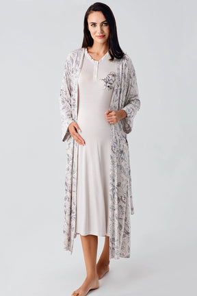 Lace Sleeve Maternity-Nursing Nightgown & Flowery Robe Set Powder - 24100