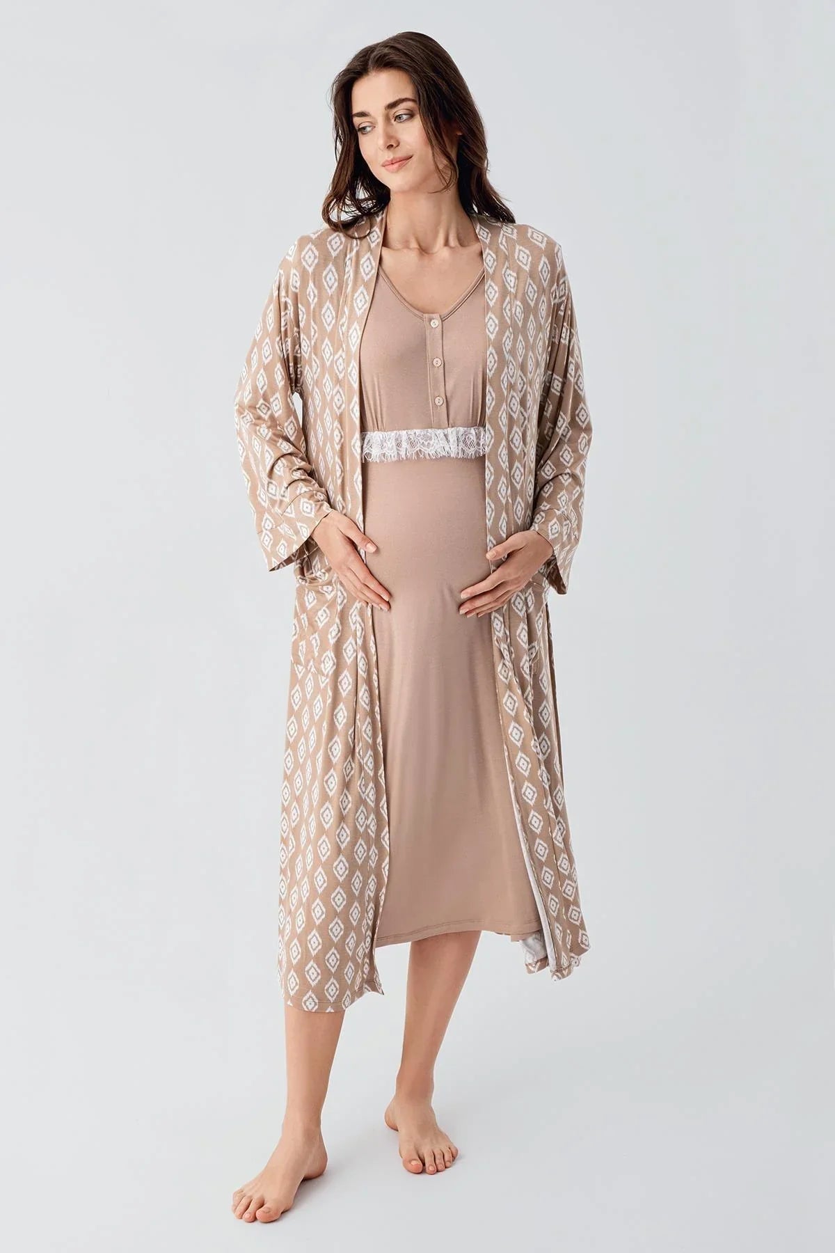 Lacy Patterned 4-Piece Maternity-Nursing Set Beige - 101101