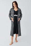 Lacy Maternity Feeding-Friendly Nightgown & Patterned Robe Set Black - S24101