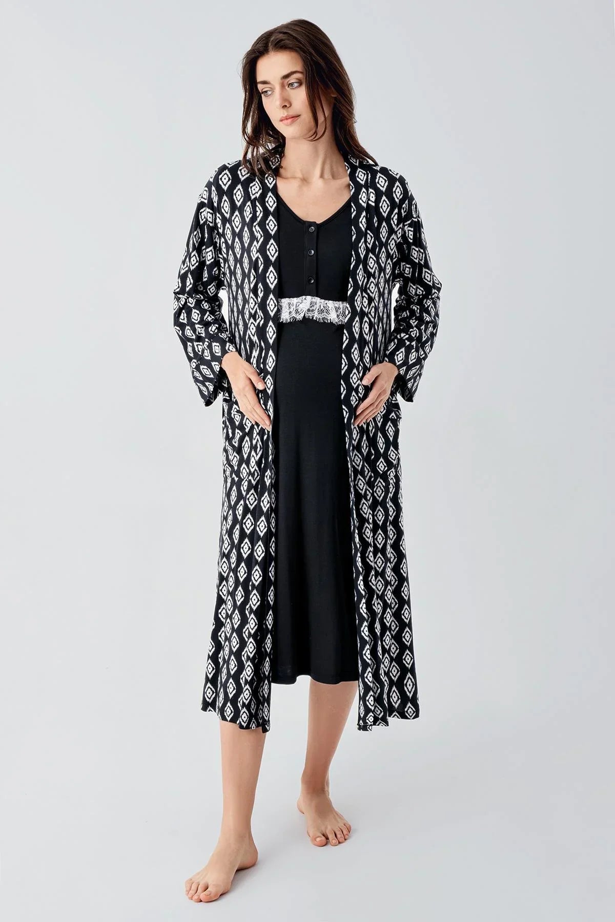 Lacy Maternity Feeding-Friendly Nightgown & Patterned Robe Set Black - S24101