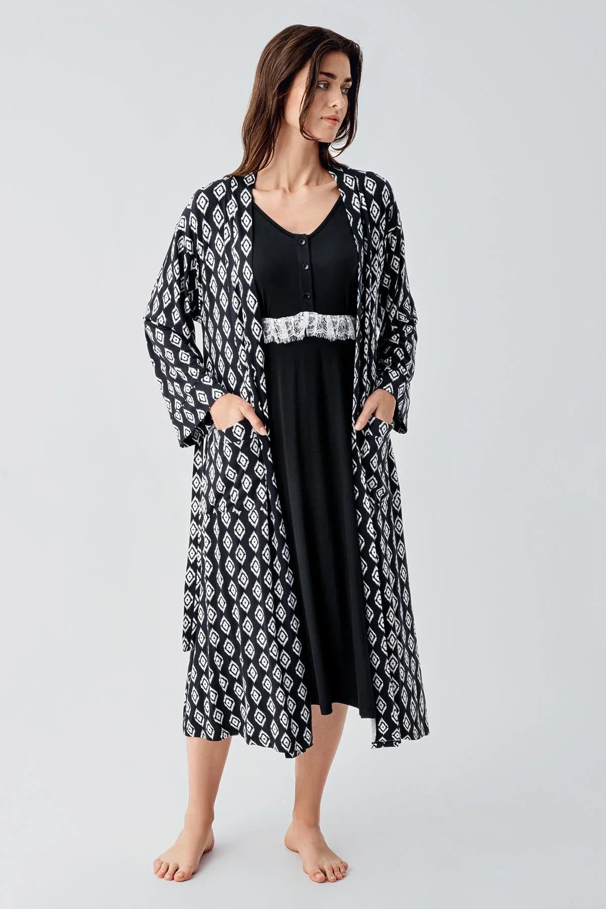 Lacy Maternity Feeding-Friendly Nightgown & Patterned Robe Set Black - S24101