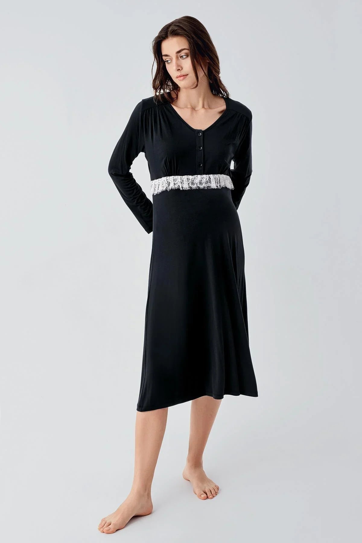 Lacy Maternity Feeding-Friendly Nightgown & Patterned Robe Set Black - S24101