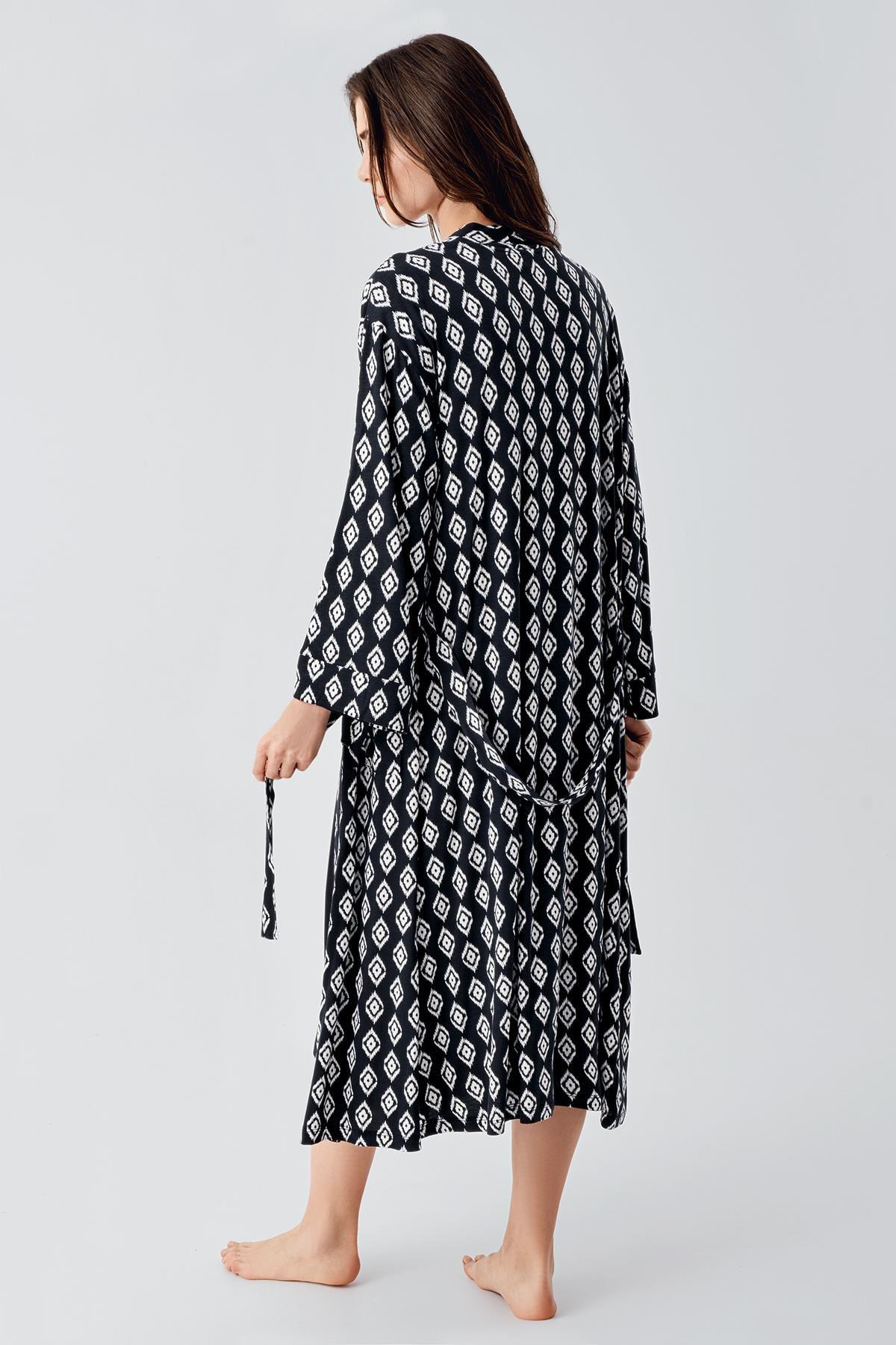 Lacy Maternity Feeding-Friendly Nightgown & Patterned Robe Set Black - S24101