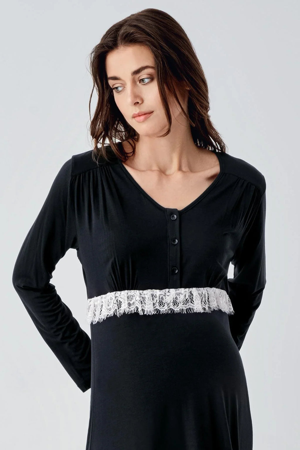 Lacy Maternity Feeding-Friendly Nightgown & Patterned Robe Set Black - S24101