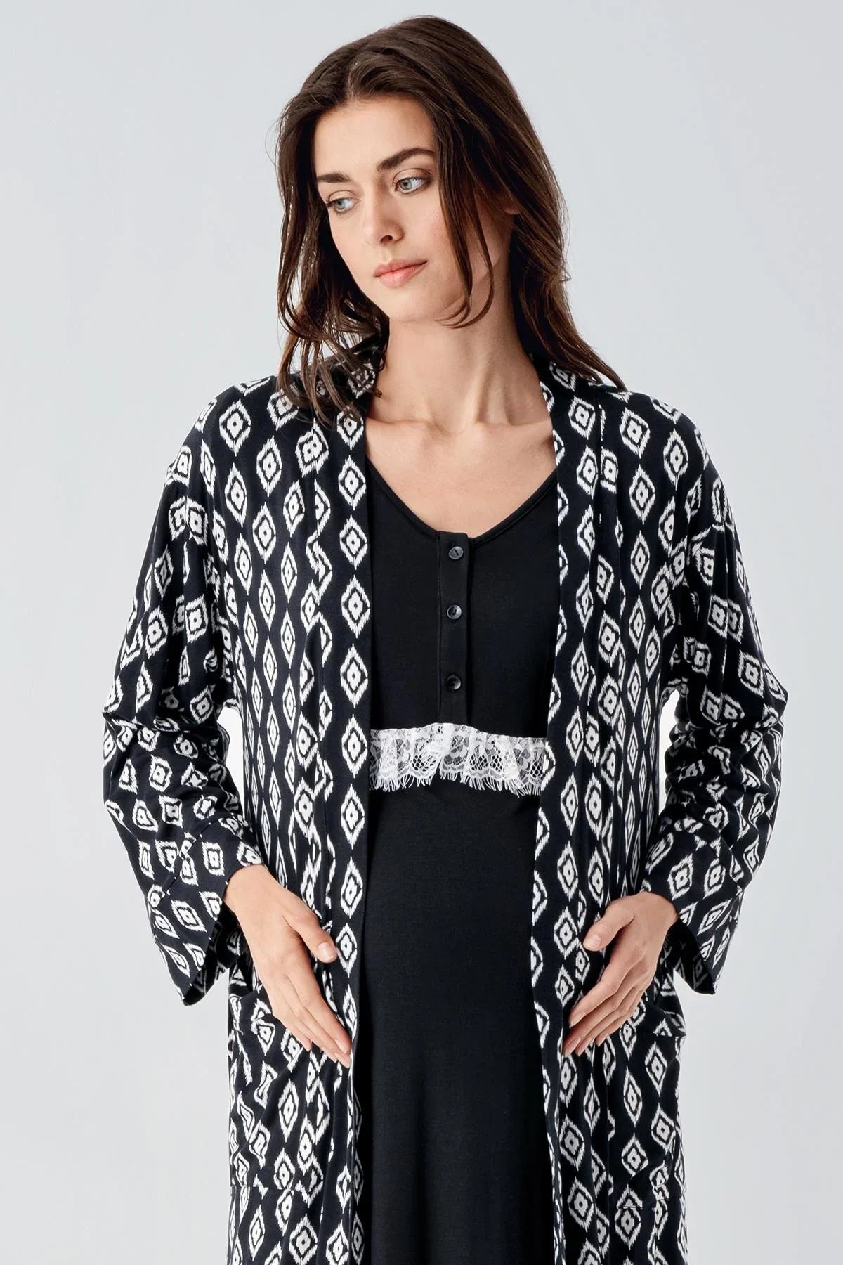 Lacy Maternity Feeding-Friendly Nightgown & Patterned Robe Set Black - S24101