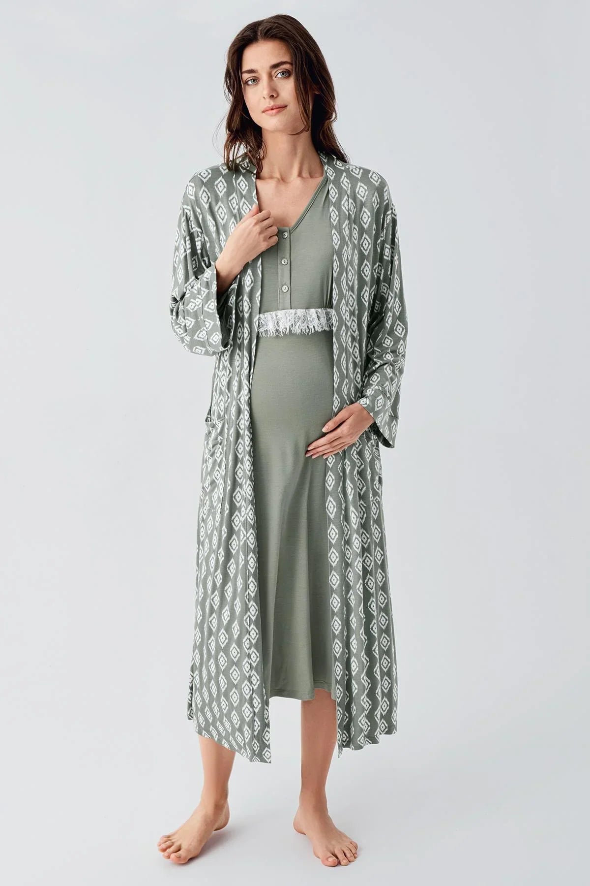 Lacy Maternity Feeding-Friendly Nightgown & Patterned Robe Set Green - S24101