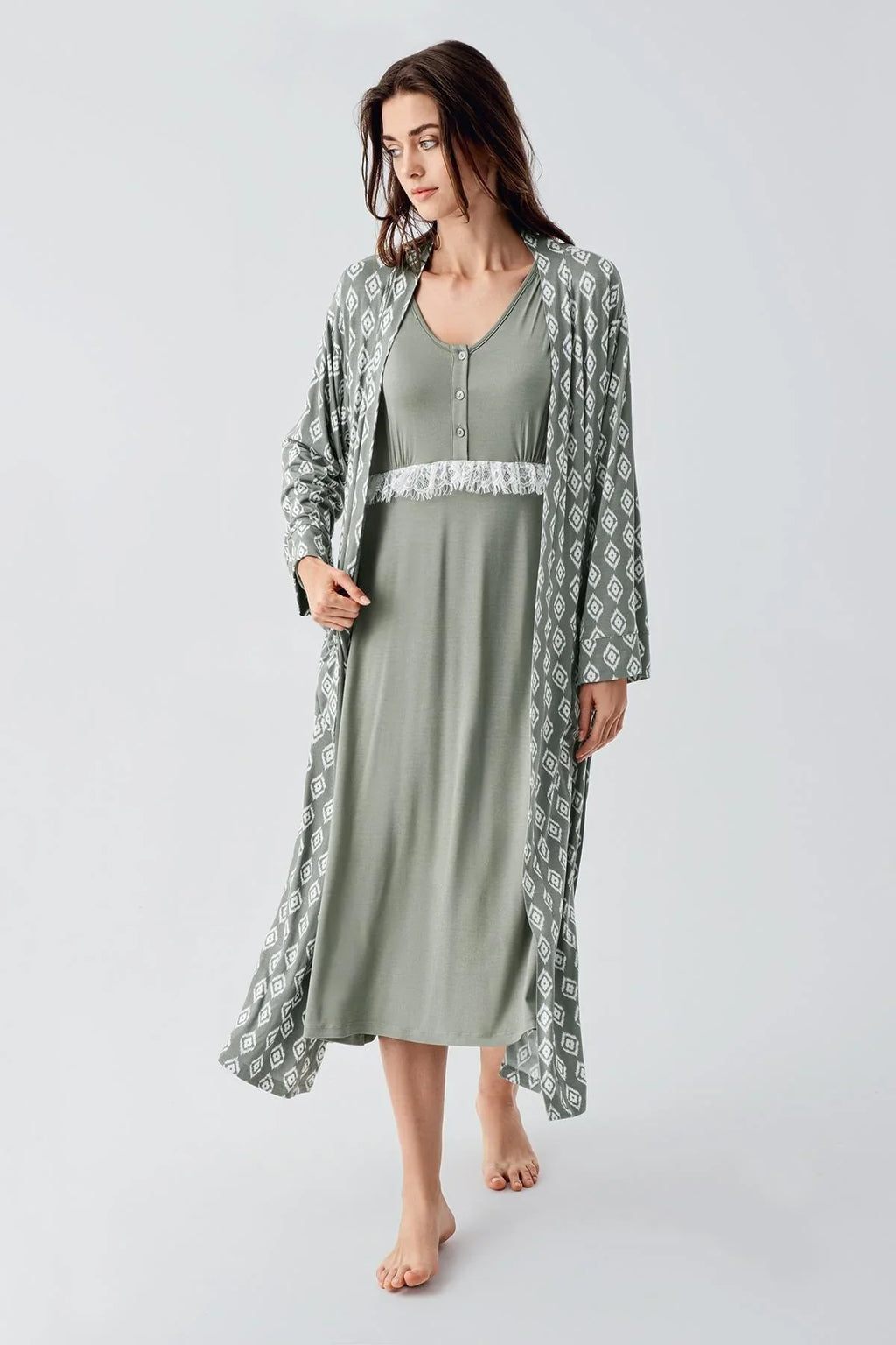 Lacy Maternity Feeding-Friendly Nightgown & Patterned Robe Set Green - S24101