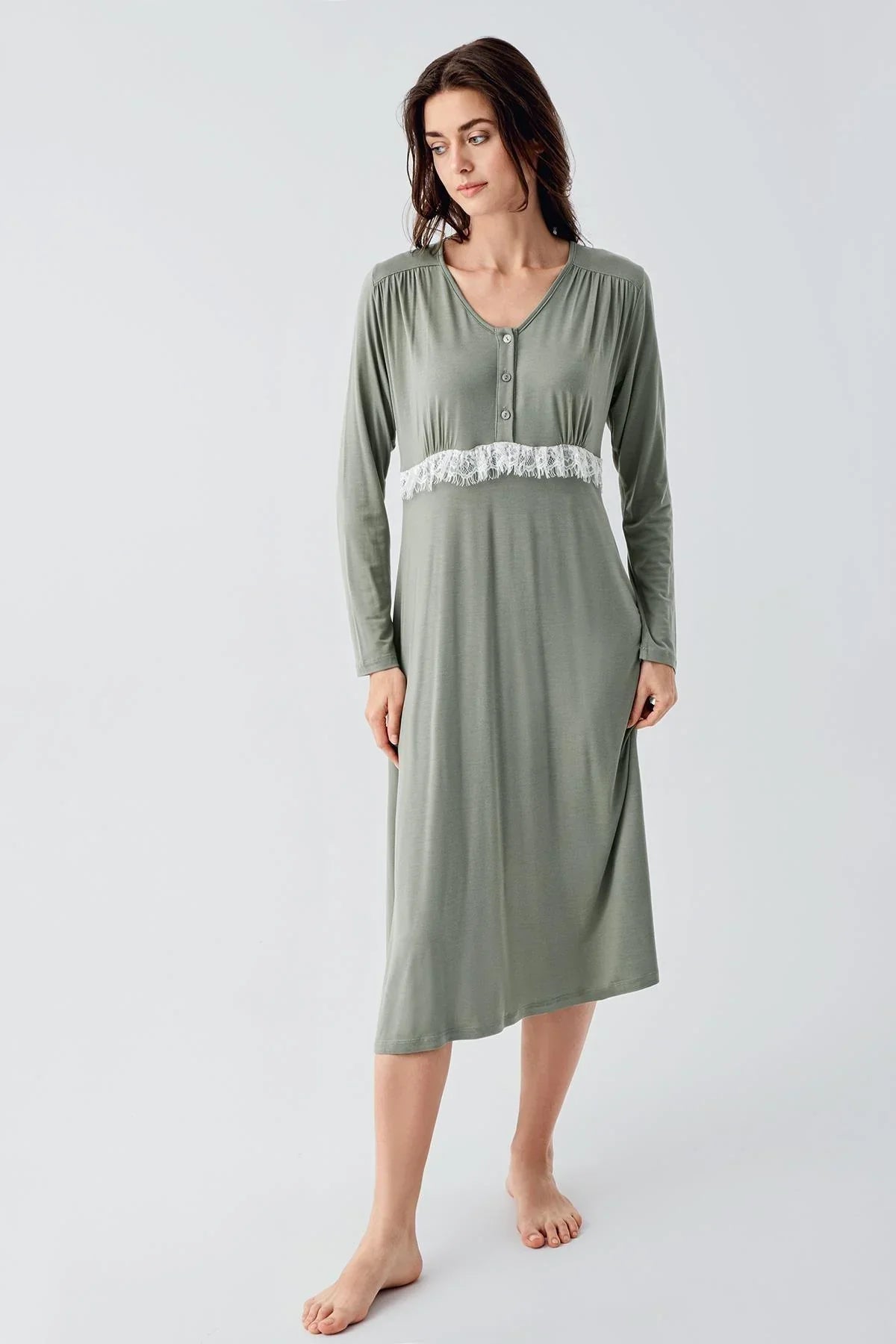 Lacy Maternity Feeding-Friendly Nightgown & Patterned Robe Set Green - S24101