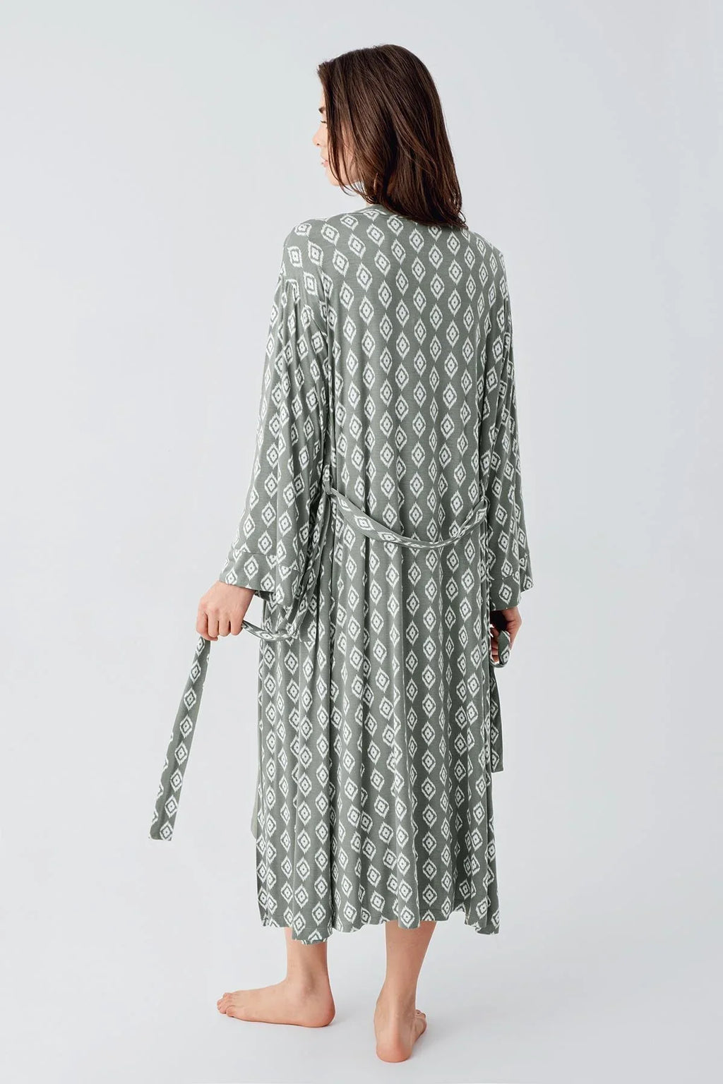 Lacy Maternity Feeding-Friendly Nightgown & Patterned Robe Set Green - S24101
