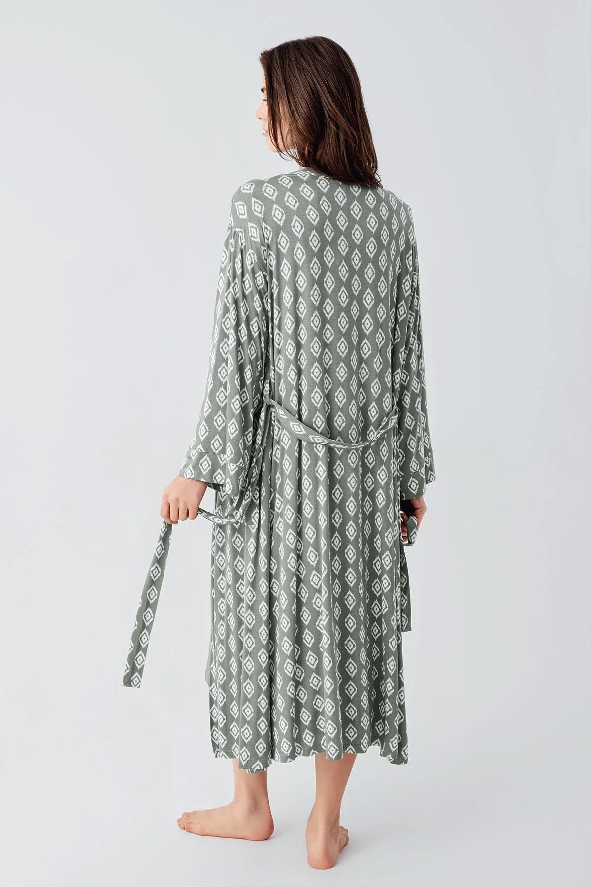 Lacy Maternity Feeding-Friendly Nightgown & Patterned Robe Set Green - S24101