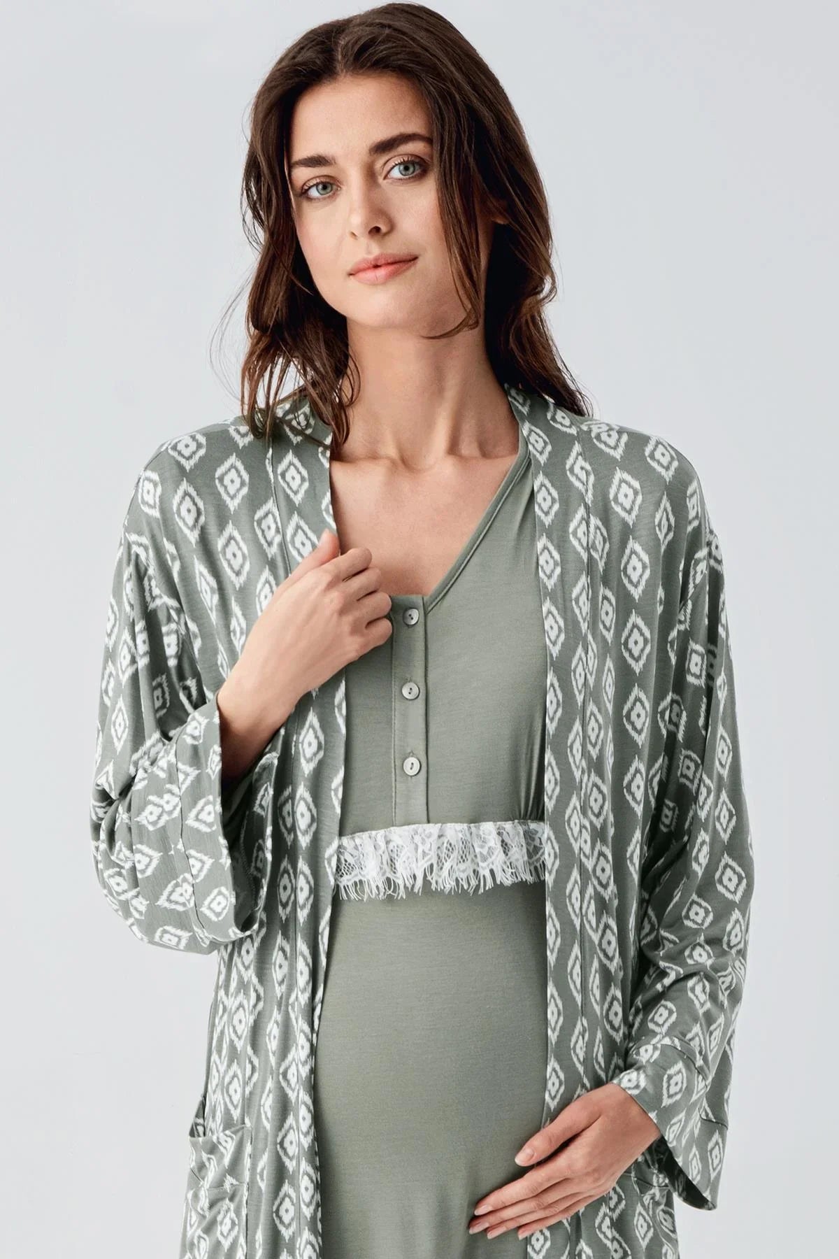 Lacy Maternity Feeding-Friendly Nightgown & Patterned Robe Set Green - S24101