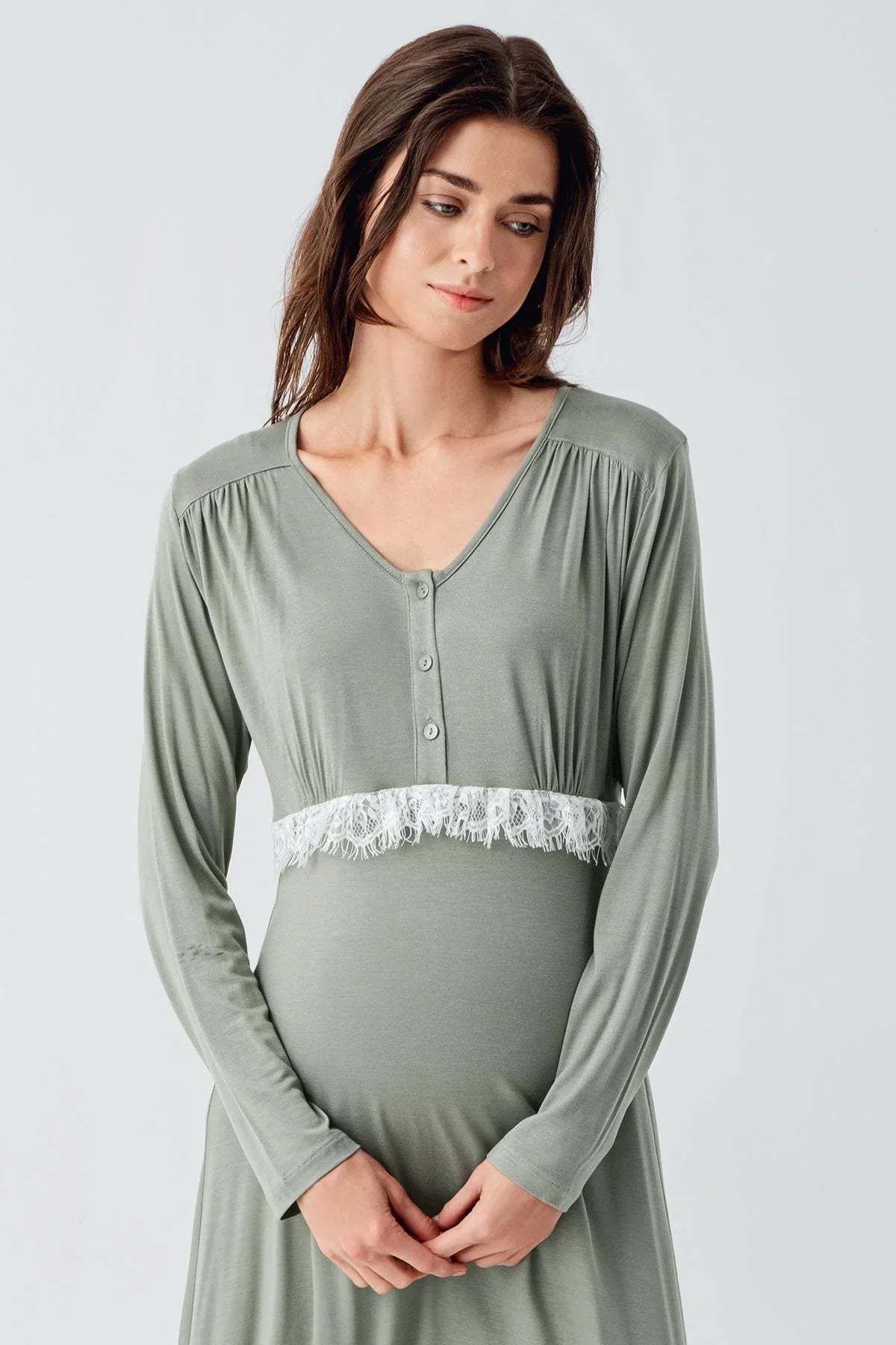Lacy Maternity Feeding-Friendly Nightgown & Patterned Robe Set Green - S24101