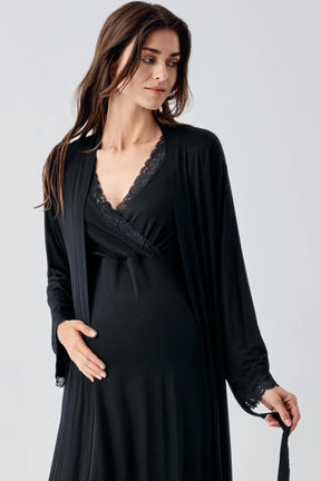 Lace Detailed Maternity-Nursing Nightgown & Robe Set Black - 24102