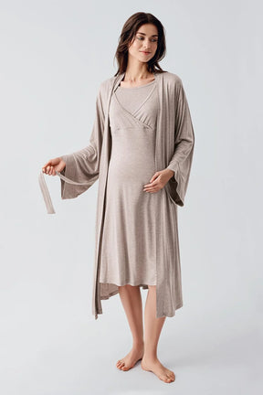 Melange Double Breasted Maternity-Nursing Nightgown & Robe Set Beige - 24105