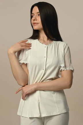 Flower Lace Collar 3-Piece Maternity-Nursing Pajama & Quilted Robe Set - 24302
