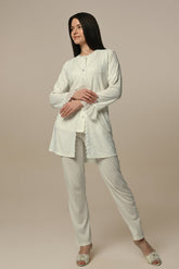 Flower Lace Collar 3-Piece Maternity-Nursing Pajama & Quilted Robe Set - 24302