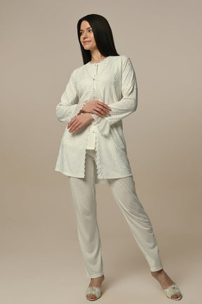 Flower Lace Collar 3-Piece Maternity-Nursing Pajama & Quilted Robe Set - 24302