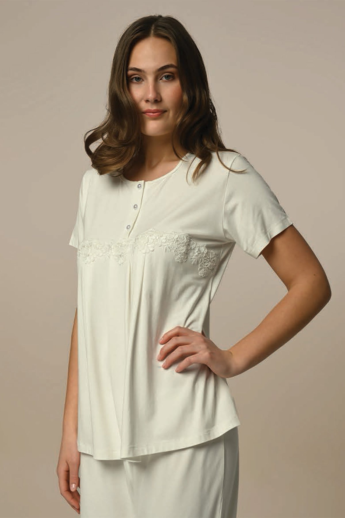 Flower Lace 3-Piece Maternity-Nursing Pajama & Robe Set Ecru - 24305