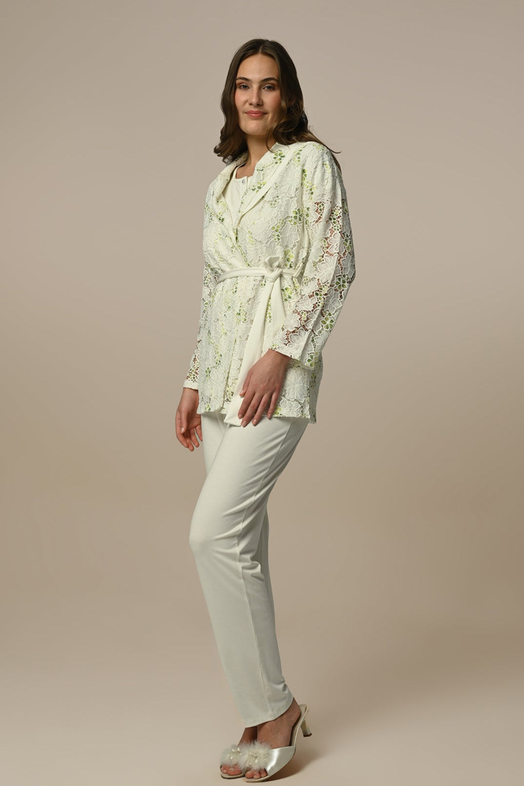 Flower Lace 3-Piece Maternity-Nursing Pajama & Robe Set Ecru - 24305