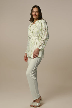 Flower Lace 3-Piece Maternity-Nursing Pajama & Robe Set Ecru - 24305