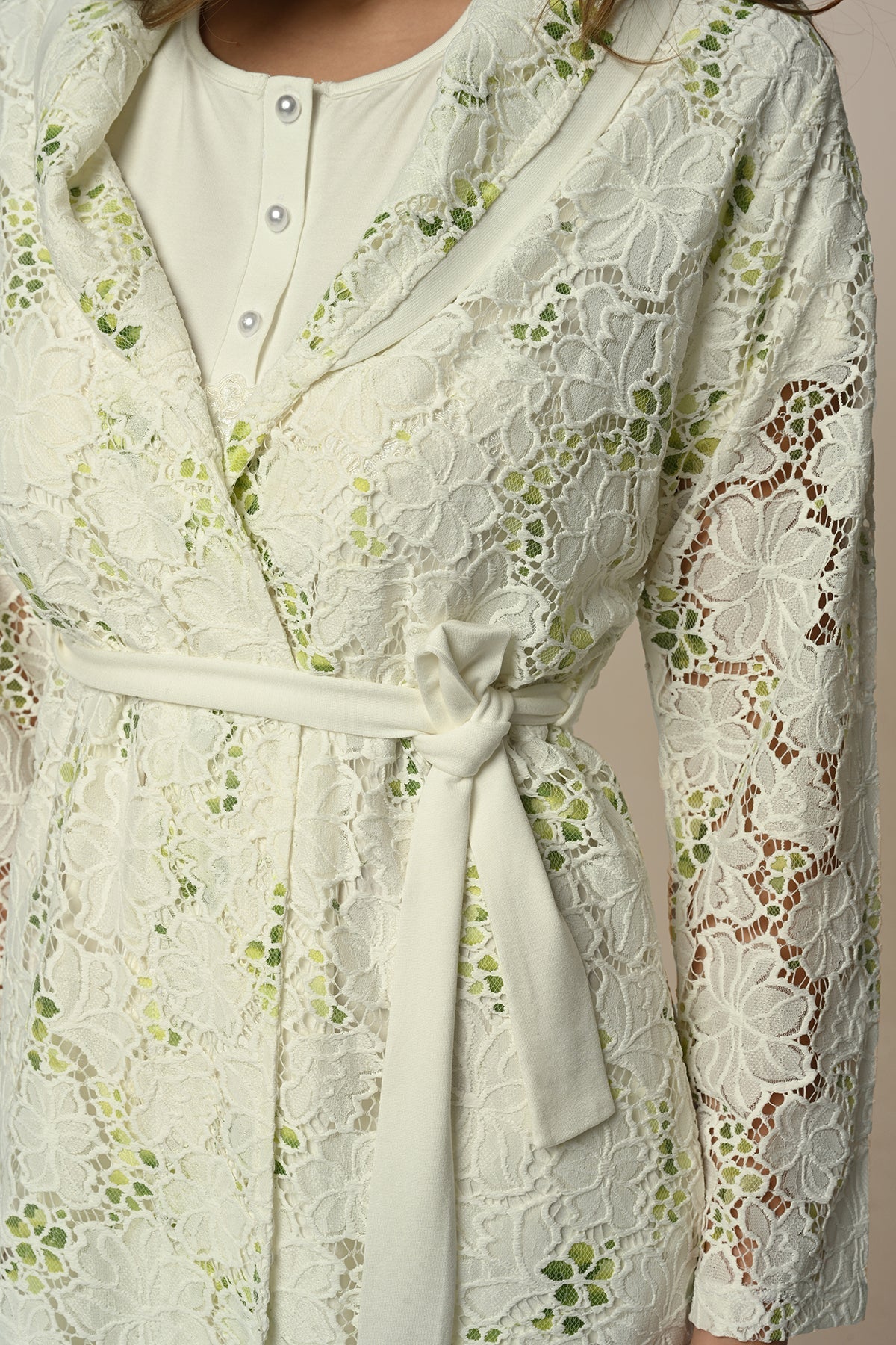 Flower Lace 3-Piece Maternity-Nursing Pajama & Robe Set Ecru - 24305