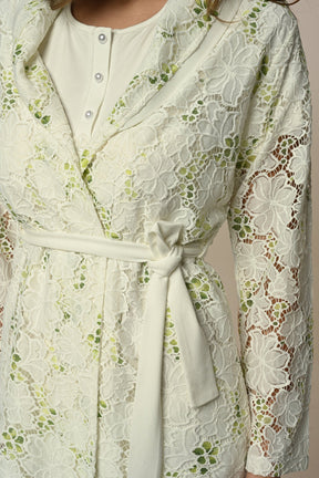 Flower Lace 3-Piece Maternity-Nursing Pajama & Robe Set Ecru - 24305