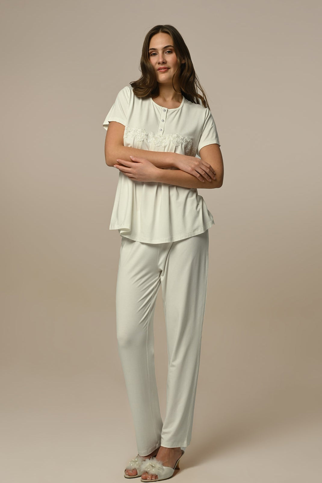 Flower Lace 3-Piece Maternity-Nursing Pajama & Robe Set Ecru - 24305