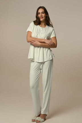 Flower Lace 3-Piece Maternity-Nursing Pajama & Robe Set Ecru - 24305