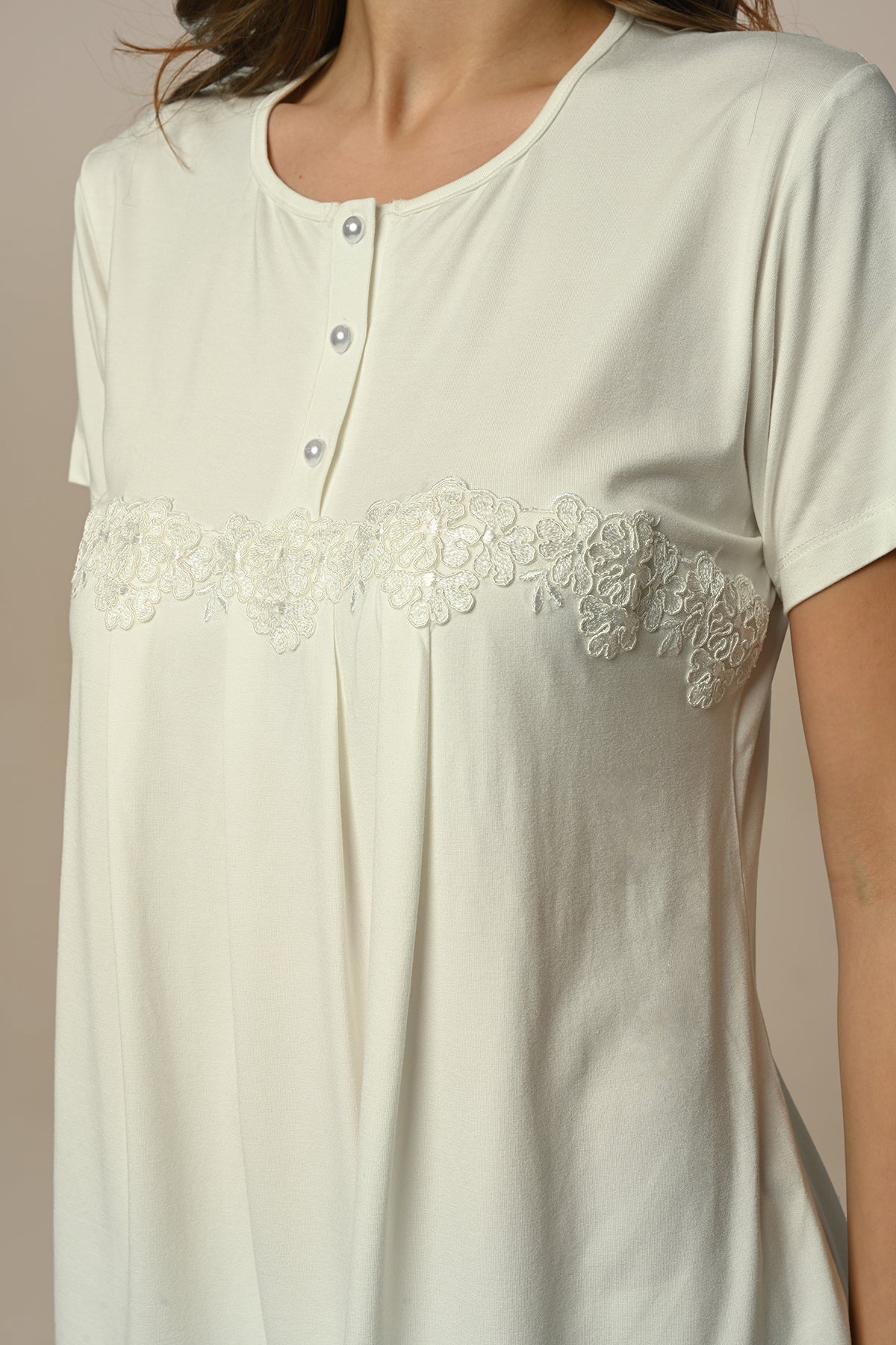 Flower Lace 3-Piece Maternity-Nursing Pajama & Robe Set Ecru - 24305