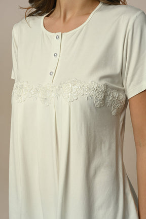 Flower Lace 3-Piece Maternity-Nursing Pajama & Robe Set Ecru - 24305