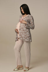 Flowery Lace 3-Piece Maternity-Nursing Pajama & Robe Set Powder - 24311