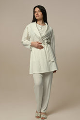 Lace Collar 3-Piece Maternity-Nursing Pajama & Jacquard Robe Set - 24313